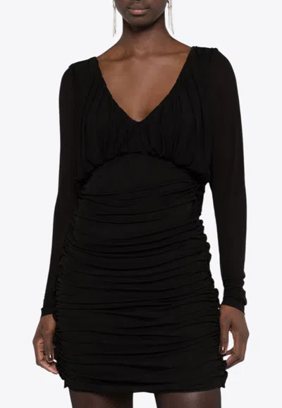 Saint Laurent V-neck Ruched Mini Dress In Black