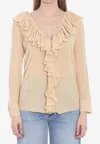 Saint Laurent Beige Blouse With V Neck And Ruffles On Front And Rear In Silk Woman In Brown