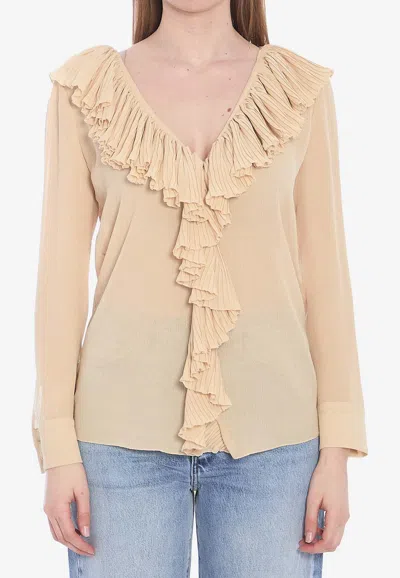 Saint Laurent Beige Ruffled Blouse In Silk In Gold