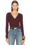 Saint Laurent Ribbed V-neck Knit Sweater With Long Sleeves In Burgundy