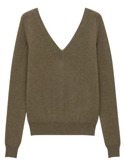 Saint Laurent V Neck Sweater With Ribbed Trims - Size S In Green