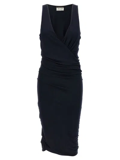 Saint Laurent V-necked Sleelvess Dress In Blue