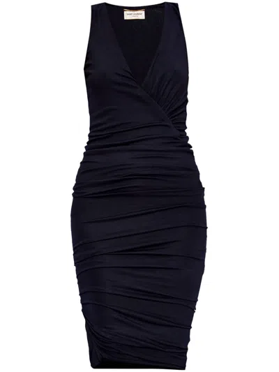 Saint Laurent Ruched V-neck Minidress In Blue