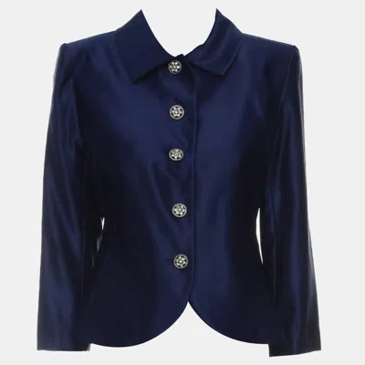 Pre-owned Saint Laurent Variations Embellished Button Silk Blazer Fr 42 In Blue