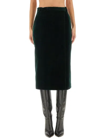 Saint Laurent Velvet Crossover Midi Skirt In Green