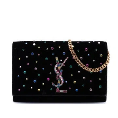 Pre-owned Saint Laurent Velvet Crystal Embellished Velvet Monogram Kate Wallet On Chain In Black