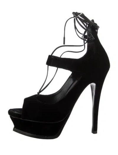 Pre-owned Saint Laurent Velvet Leather Trim Embellishment Sandals In Black