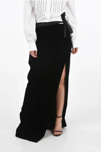 Saint Laurent Velvet Long Skirt With Front Split And Silk Belt In Black