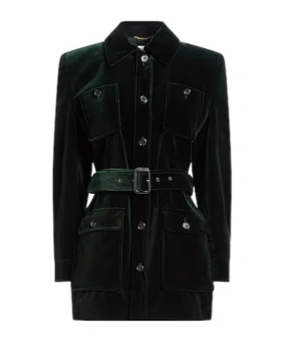 Saint Laurent Velvet Long-sleeve Blazer With Belt In Green