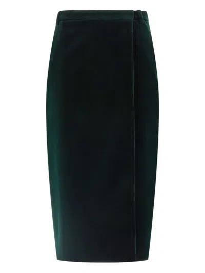 Saint Laurent Velvet Midi Skirt In Green