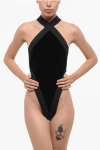 Saint Laurent Velvet Openback Bodysuit With Crossed Shoulders In Black