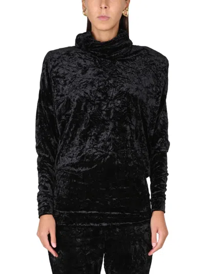 Saint Laurent Velvet Turtleneck Top With High Scarf Collar In Black
