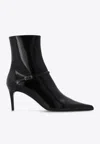 Saint Laurent Vendome Patent Buckle Stiletto Booties In Black