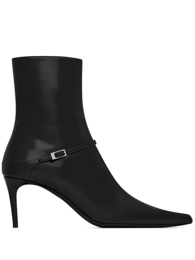 Saint Laurent Vendome Patent Buckle Stiletto Booties In Black