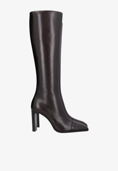 Saint Laurent Venetia 95 Leather Knee-high Boots In Brown