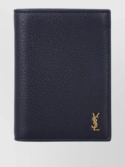 Saint Laurent Pebbled Leather Vertical Bifold Card Case In Blue