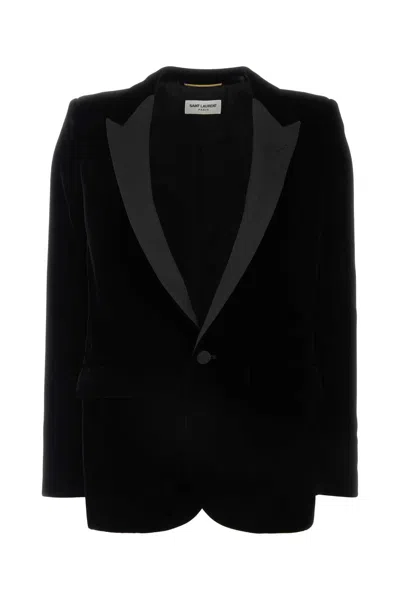 Saint Laurent Plunging V-neck Velvet Blouse In Noir
