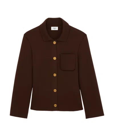 Saint Laurent Virgin Wool Collar Cardigan In Brown