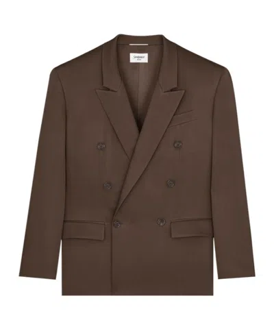 Saint Laurent Double-breasted Silk Blazer In Brown