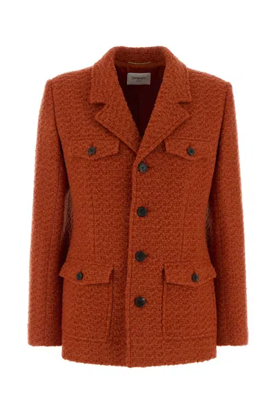 Saint Laurent Single-breasted Jacket In Tweed In Orange