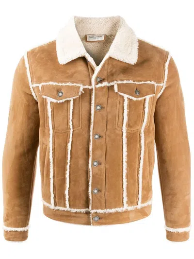 Saint Laurent Men's Muton Shearling Jacket In Cognac,ecru