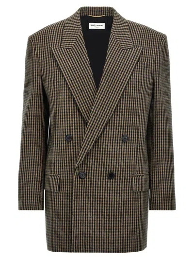 Saint Laurent Checked Oversized Wool-blend Blazer In Brown