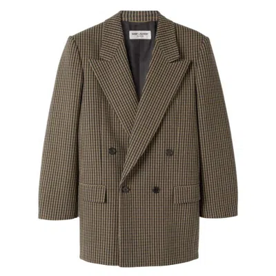 Saint Laurent Vichy Wool Checked Blazer Jacket In Brown