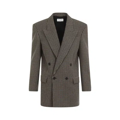 Saint Laurent Vichy Wool Jacket In Brown
