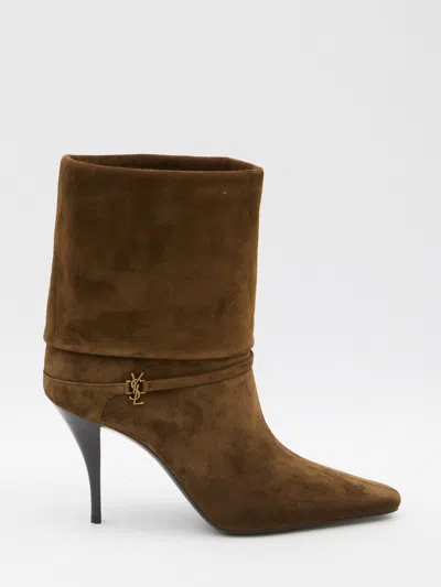 Saint Laurent Niki Stivaletto Mini Heel Leather Boots In Brown