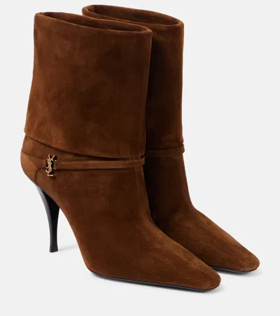 Saint Laurent Vicky 90 Suede Ankle Boots In Beige