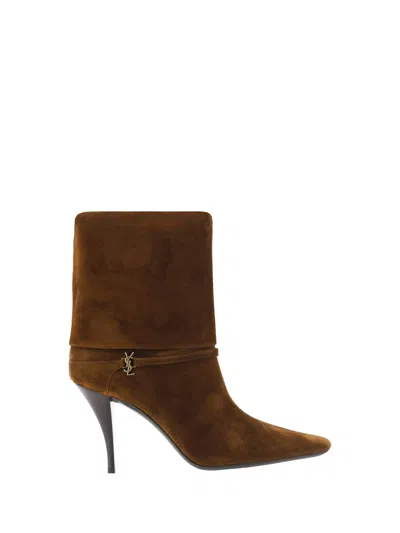 Saint Laurent Niki Suede Ysl Stiletto Ankle Booties In Brown