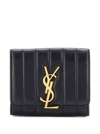Pre-owned Saint Laurent Vicky Flap Wallet Vertical Quilted Leather Compact Small Wallets In Black