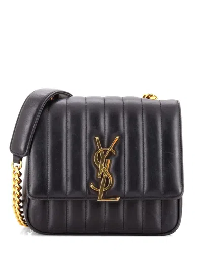 Pre-owned Saint Laurent Vicky Vertical Quilted Leather Medium Crossbody Bag In Black