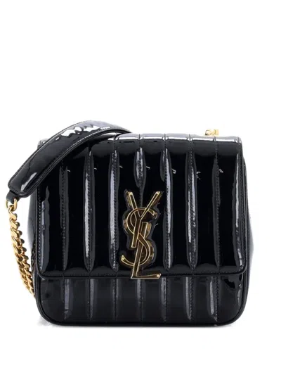 Pre-owned Saint Laurent Vicky Vertical Quilted Patent Medium Crossbody Bag In Black