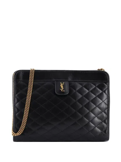 Pre-owned Saint Laurent Victoire Chain Quilted Leather Clutch Bag In Black