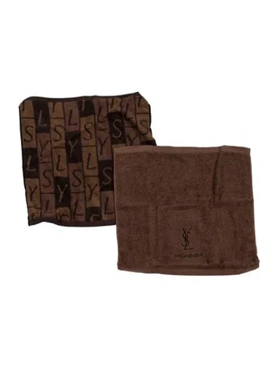 Pre-owned Saint Laurent Vintage 2-piece Embroidered Terry Cloth Wash Cloth Set In Brown