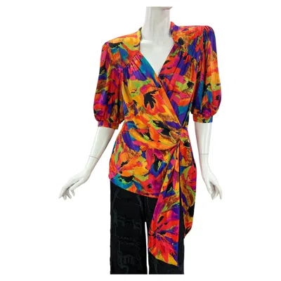 Pre-owned Saint Laurent Vintage 80's Yves  Silk Wrap Blouse Top Size M In Brown
