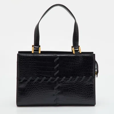 Pre-owned Saint Laurent Vintage Black Croc Embossed Leather Tote