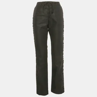 Pre-owned Saint Laurent Vintage Black Gabardine Lace-up Detail Trousers L