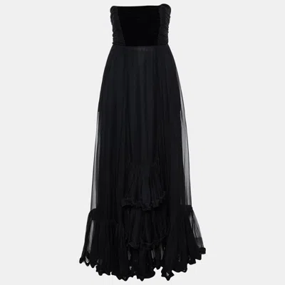 Pre-owned Saint Laurent Vintage Black Silk Ruffled Strapless Gown L