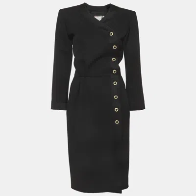 Pre-owned Saint Laurent Vintage Black Tweed Wrap Midi Dress L