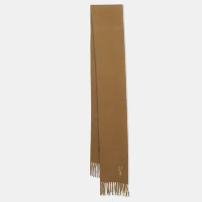 Pre-owned Saint Laurent Vintage Brown Logo Embroidered Wool Fringed Muffler