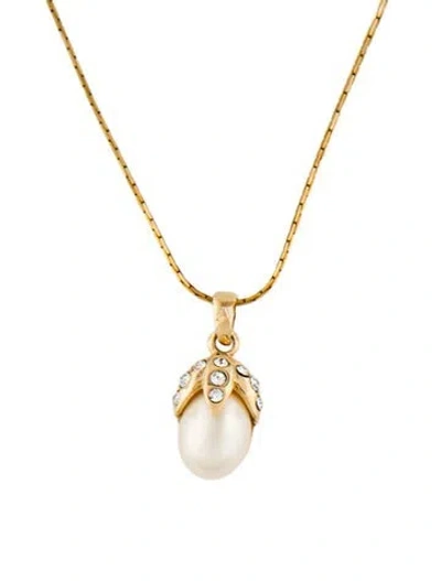 Pre-owned Saint Laurent Vintage Crystal & Faux Pearl Pendant Necklace, 17" In White