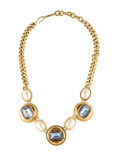 Pre-owned Saint Laurent Vintage Crystal & Faux Pearl Station Chain Necklace, 18.5"