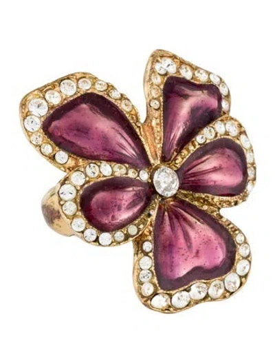 Pre-owned Saint Laurent Vintage Crystal Floral Pansy Cocktail Ring In Pink