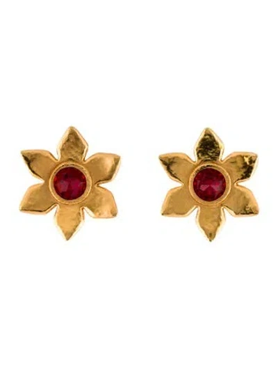 Pre-owned Saint Laurent Vintage Crystal Flower Clip On Earrings In Red