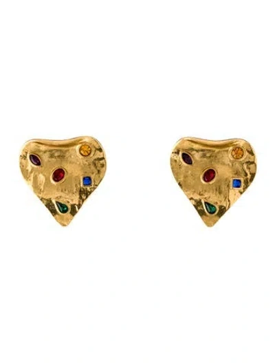 Pre-owned Saint Laurent Vintage Crystal Heart Shaped Clip-on Earrings In Blue/green/purple