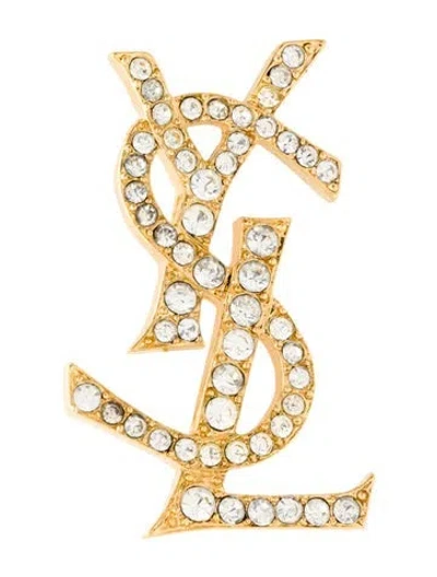Pre-owned Saint Laurent Vintage Crystal Logo Brooch In Clear