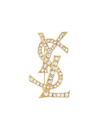 Pre-owned Saint Laurent Vintage Crystal Ysl Brooch Pin In Transparent