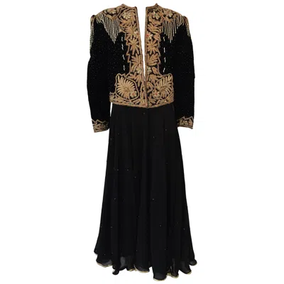 Pre-owned Saint Laurent Vintage Embroidered Velvet Evening Two Pieces Gown Vest Skirt And Shawl In Black